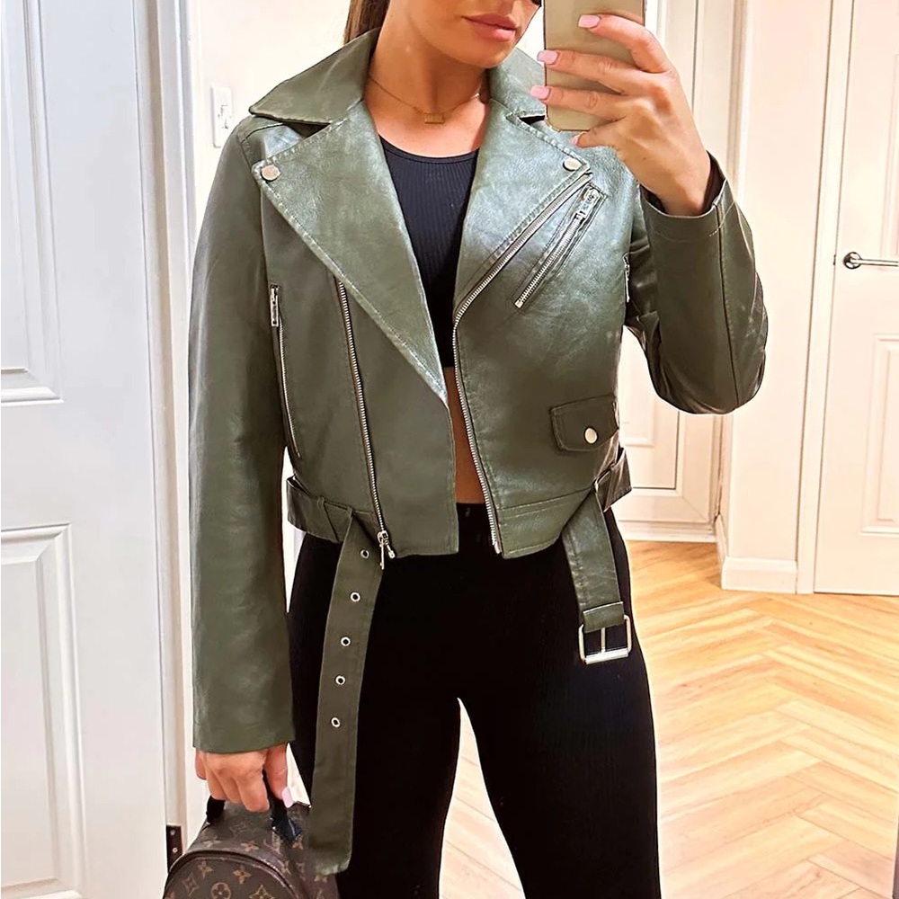 Cropped green faux leather biker jacket